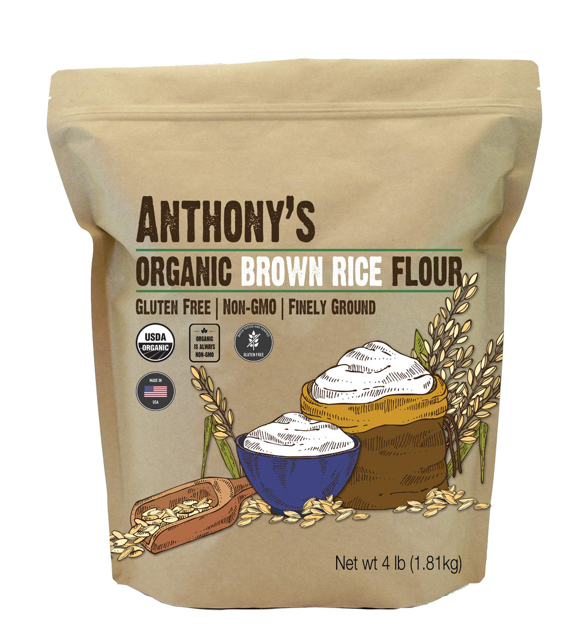 Anthony's Organic Brown Rice Flour pack shot, gluten-free baking ingredient.