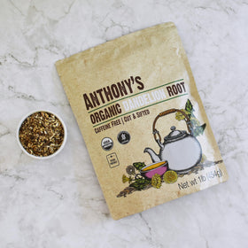 Anthony's Organic Dandelion Root label shows organic gluten-free and vegan credentials