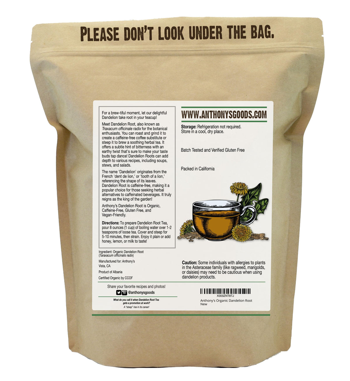 Anthony's Organic Dandelion Root roasted and ground for a caffeine-free substitute