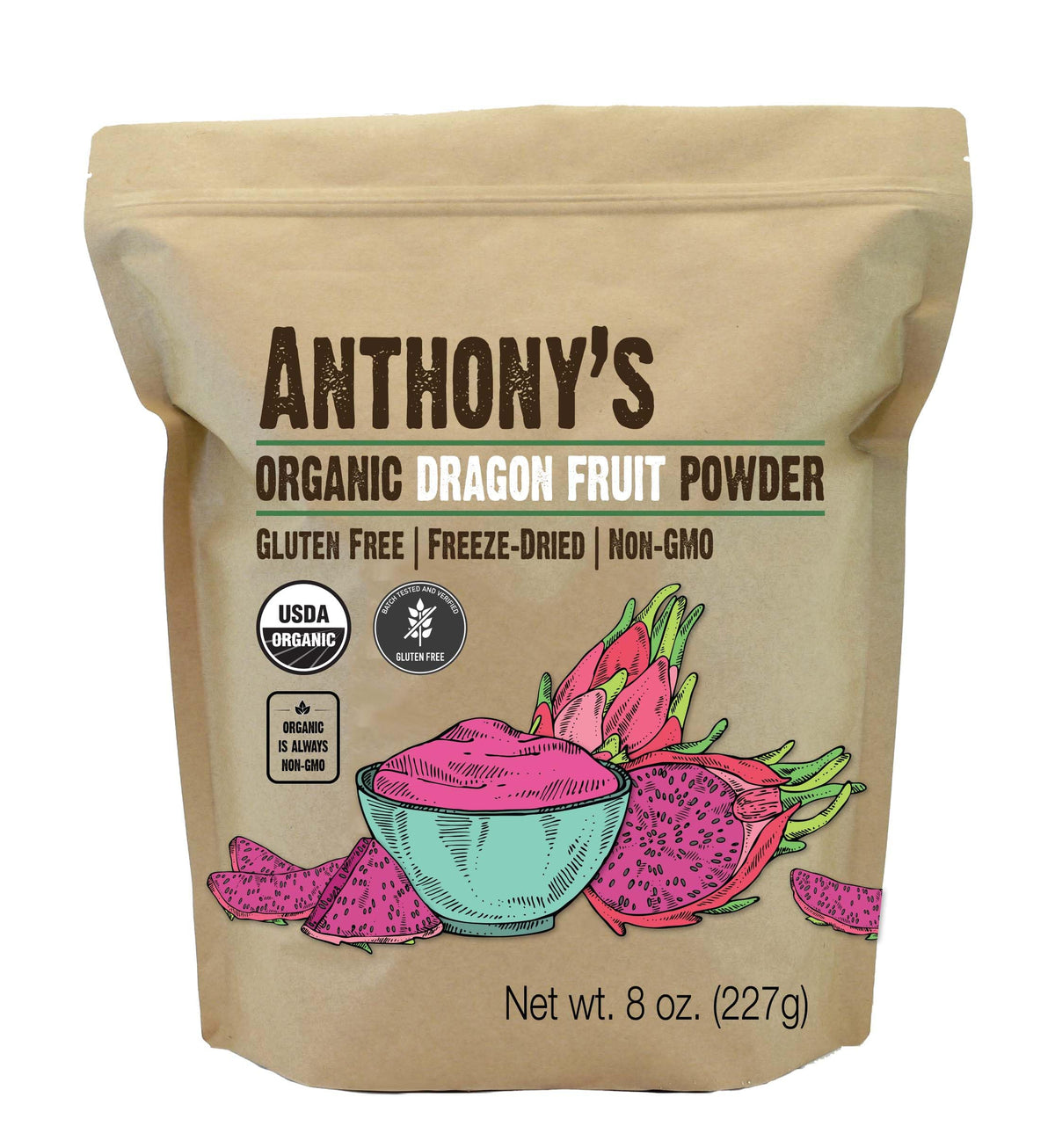 Anthony's Dragon Fruit Powder bottle ready for smoothies and colorful bowls.