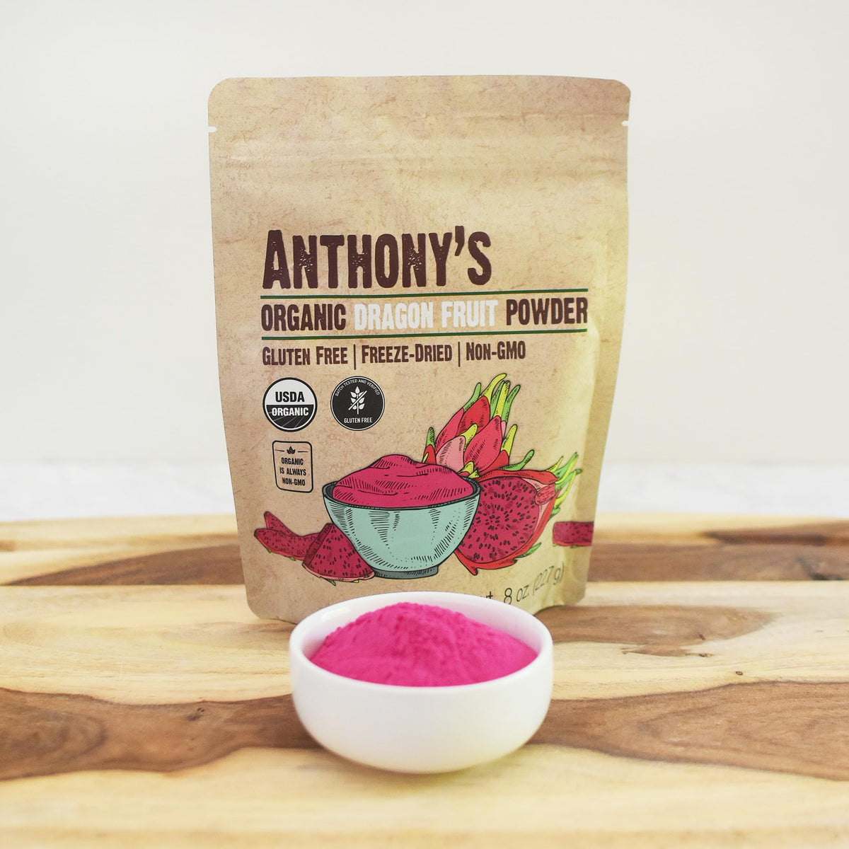 Colorful splash of Anthony's Organic Dragon Fruit Powder in beverages and bowls.