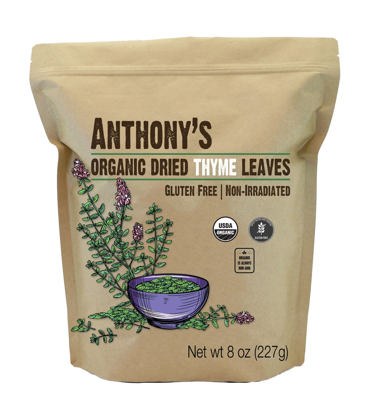 Anthony's Organic Dried Thyme Leaves 8oz bottle for aromatic seasoning in weeknight meals.