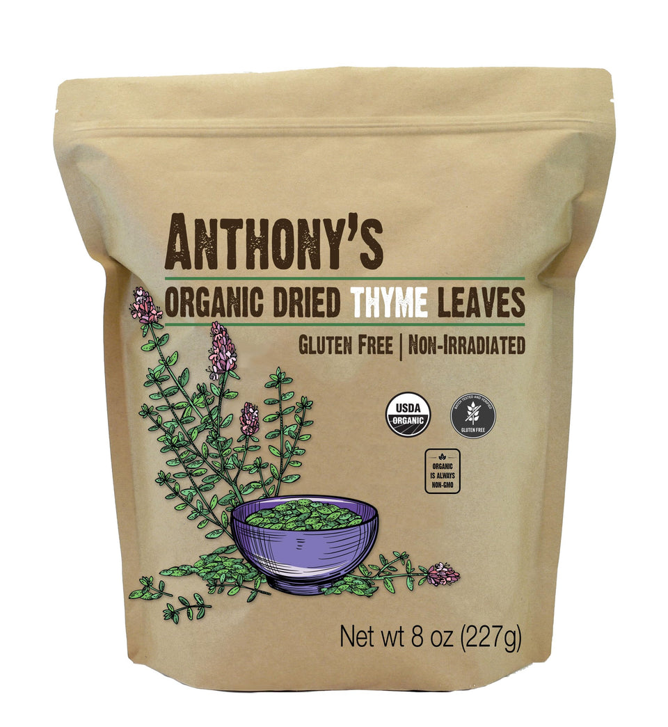 Anthony's Organic Dried Thyme Leaves 8oz bottle for aromatic seasoning in weeknight meals.