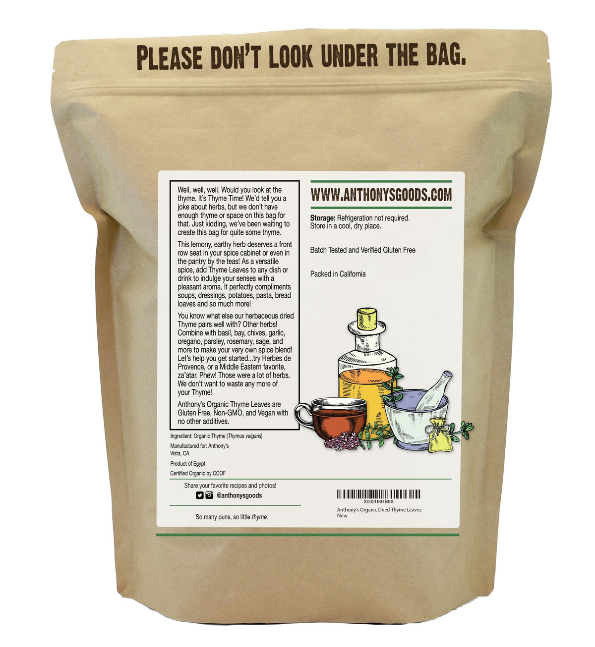 Anthony's Organic Dried Thyme Leaves closeup—crisp leaves add depth to roasted vegetables.