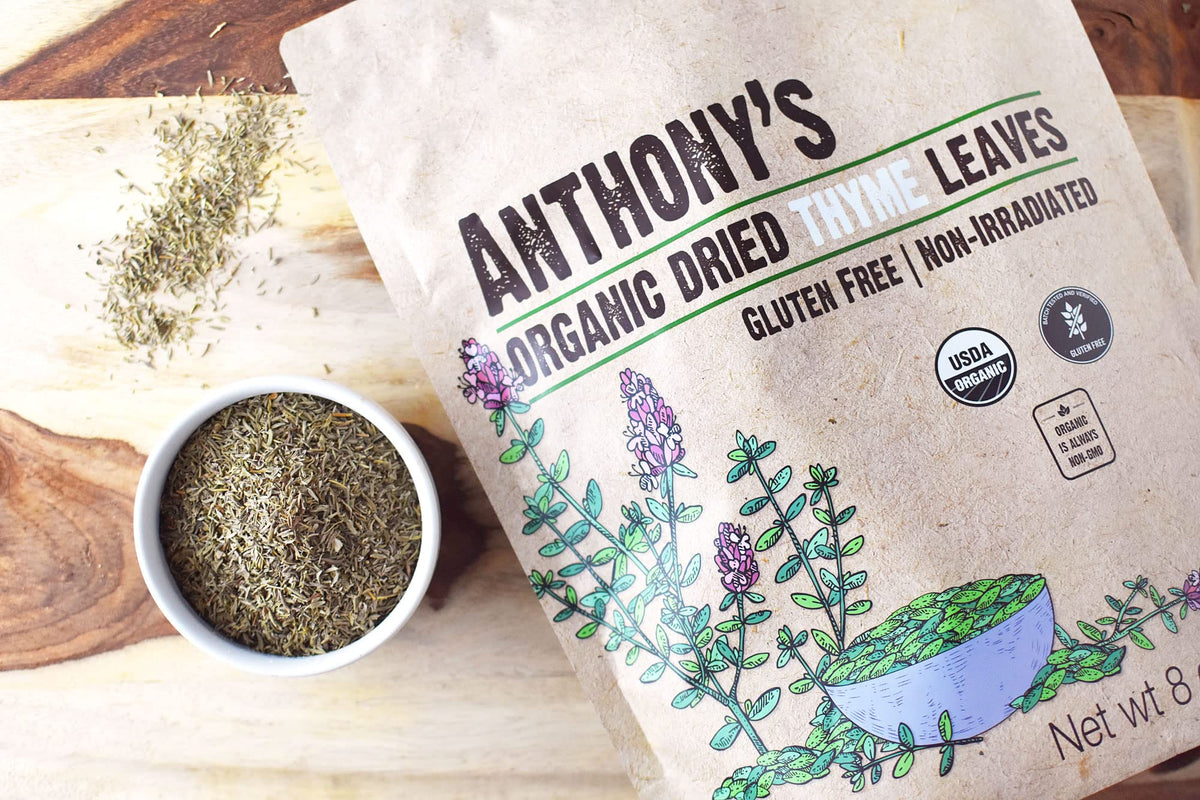 Anthony's Organic Dried Thyme Leaves label jar—shop-ready pantry staple.