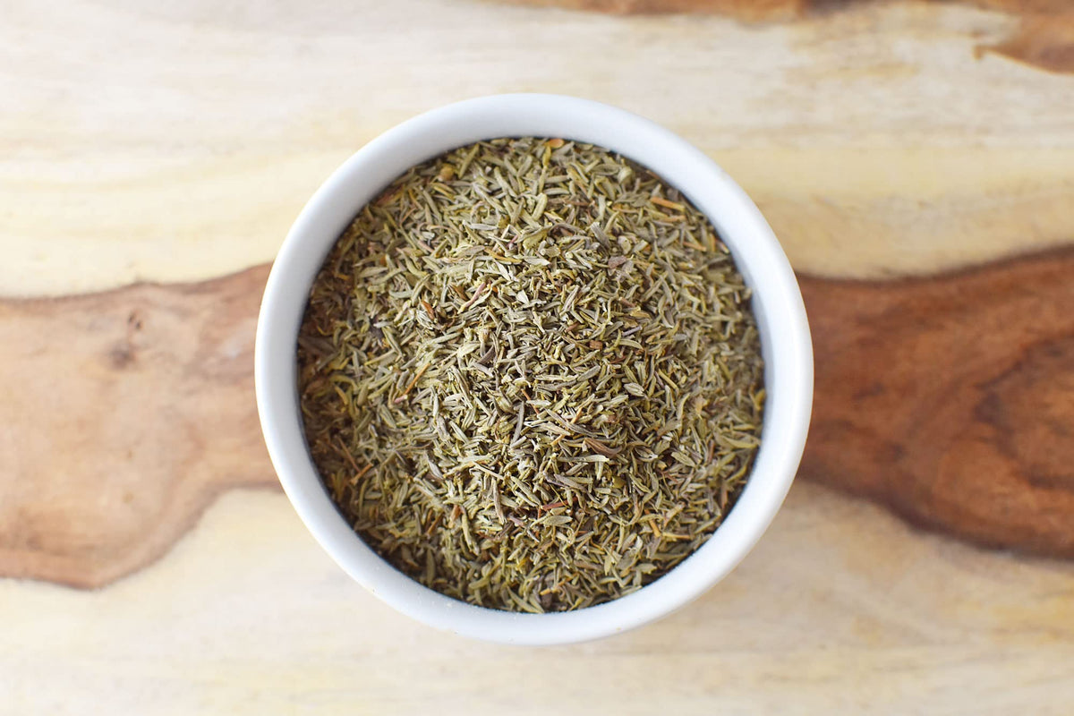 Anthony's Organic Dried Thyme Leaves tea cup shot—infuse calming herbal notes.