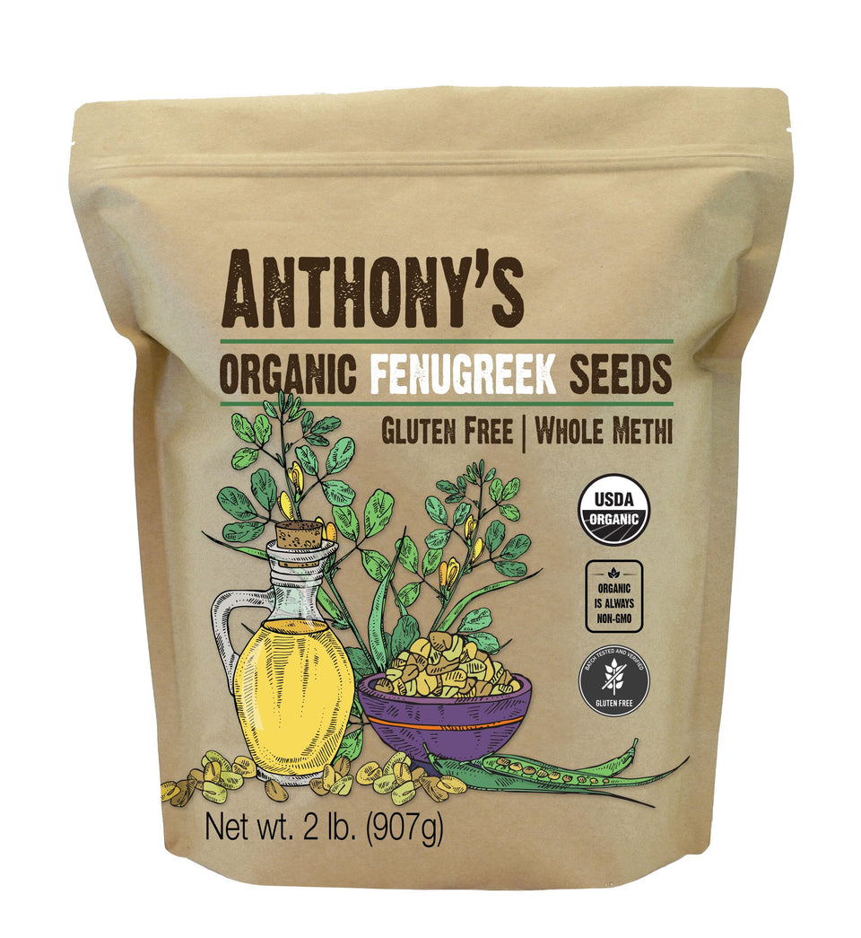 Anthony's Organic Fenugreek Seeds in a bag for pantry storage and everyday cooking.