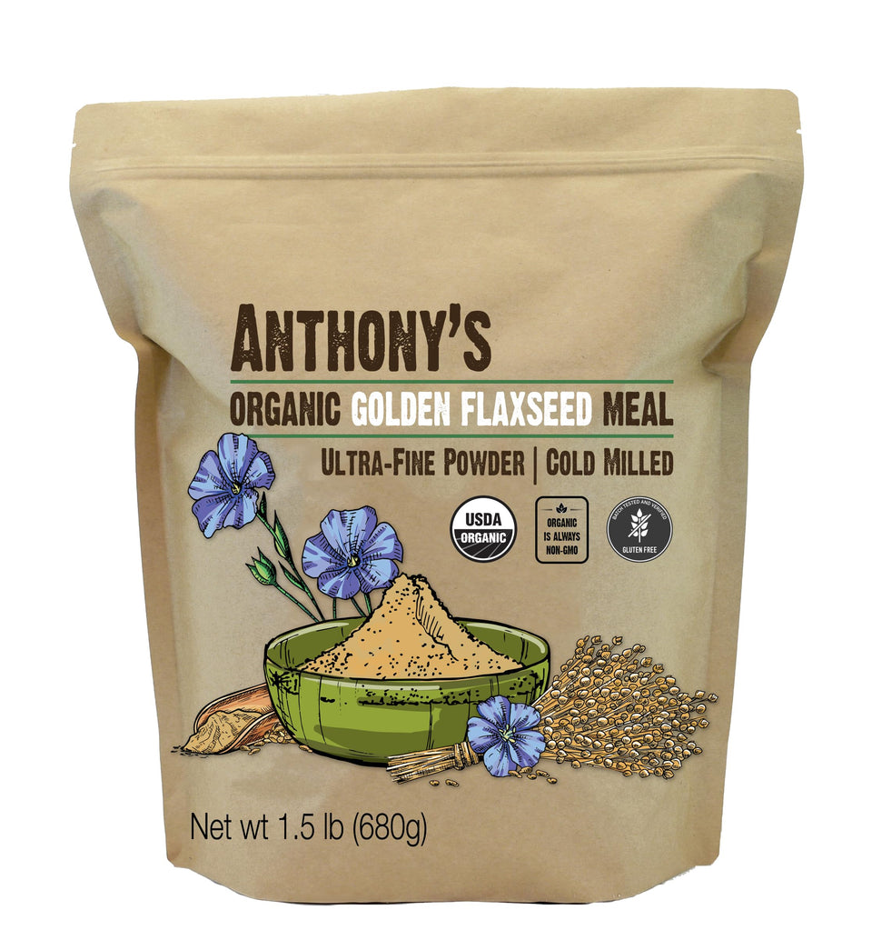 Anthony's Organic Golden Flaxseed Meal pack-front showing gluten-free, versatile pantry staple