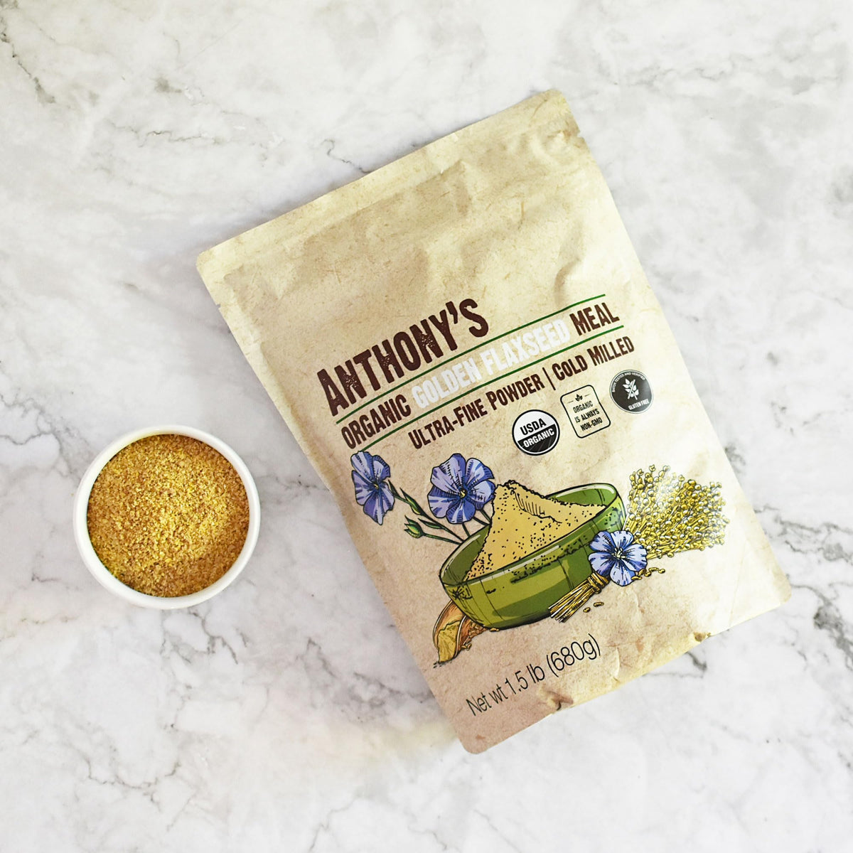 Packaging and ingredients label of Anthony's Organic Golden Flaxseed Meal
