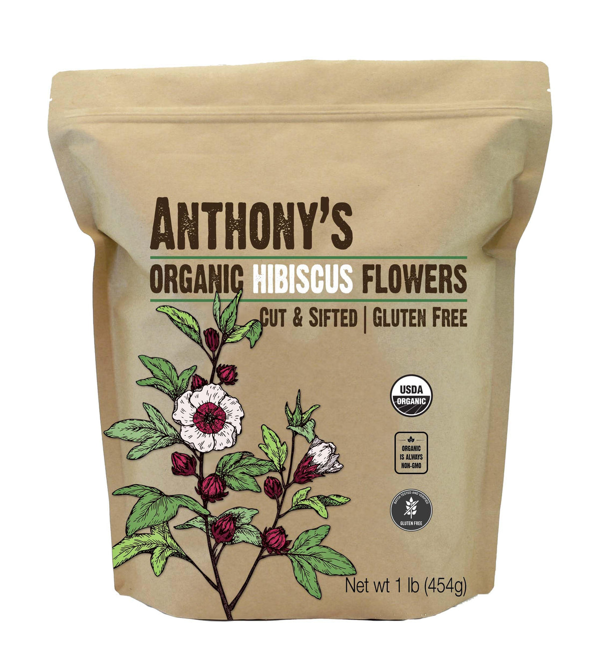 Anthony's Organic Hibiscus Flowers, cut and sifted, ready for tea and culinary use.