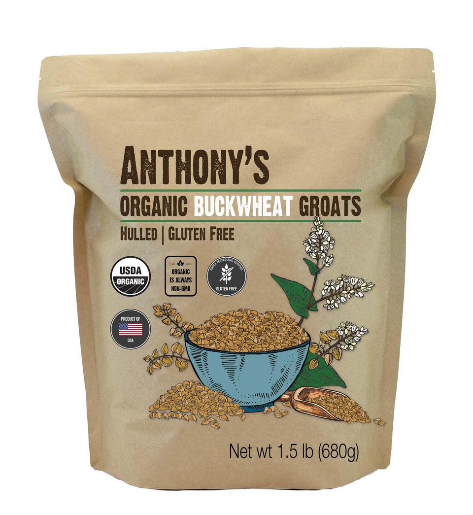 Anthony's Organic hulled buckwheat groats bag on the counter, gluten-free pantry staple.