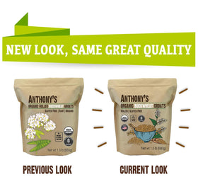 Anthony's Organic hulled buckwheat groats label close-up shows organic non-GMO sourcing.