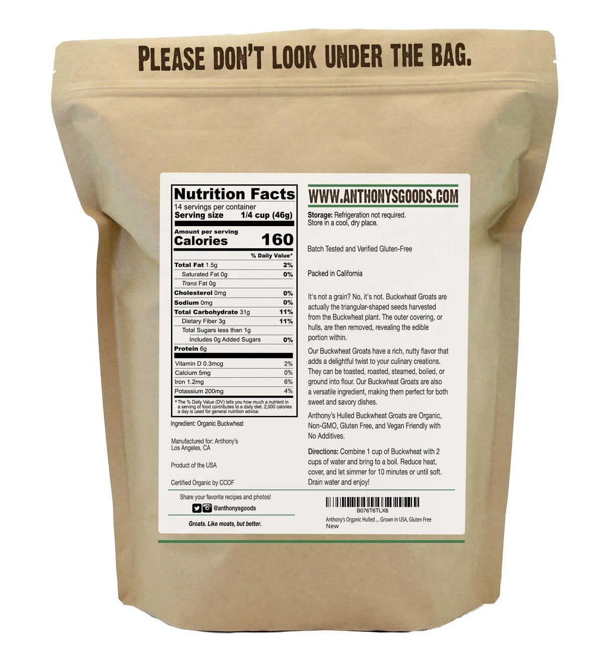 Anthony's Organic hulled buckwheat groats scattered on a counter for versatile meal prep.