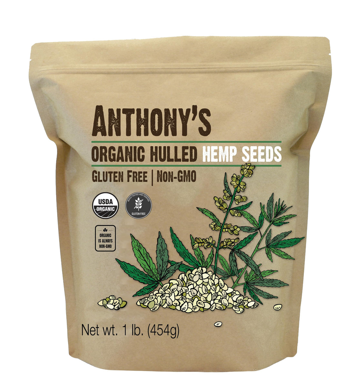 Anthony's Organic Hulled Hemp Seeds 1lb bag ready for pantry staples and plant-based protein.