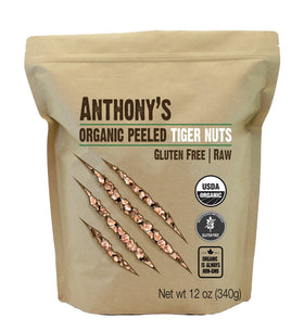 Anthony's Organic Peeled Tiger Nuts packaging showing premium, gluten-free ingredients