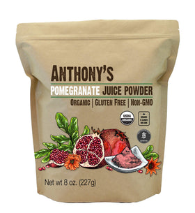 Anthony's Organic Pomegranate Juice Powder bottle for easy pantry access and recipe use.