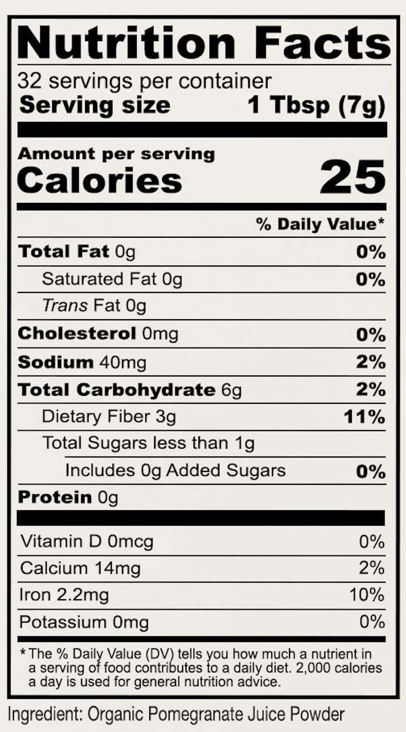 Closeup of Anthony's Pomegranate Powder jar label showing organic and gluten-free status.