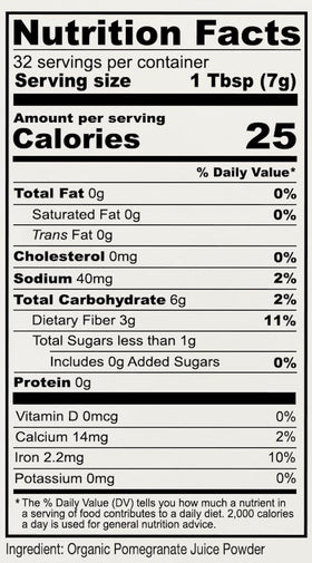 Closeup of Anthony's Pomegranate Powder jar label showing organic and gluten-free status.