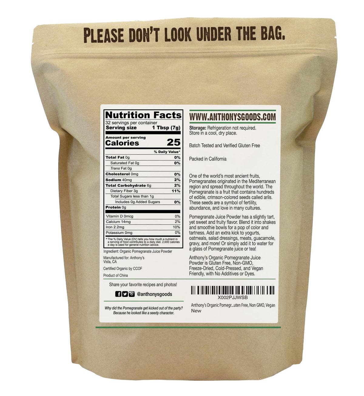 Anthony's Organic Pomegranate Powder scoop for precise measurement in recipes.