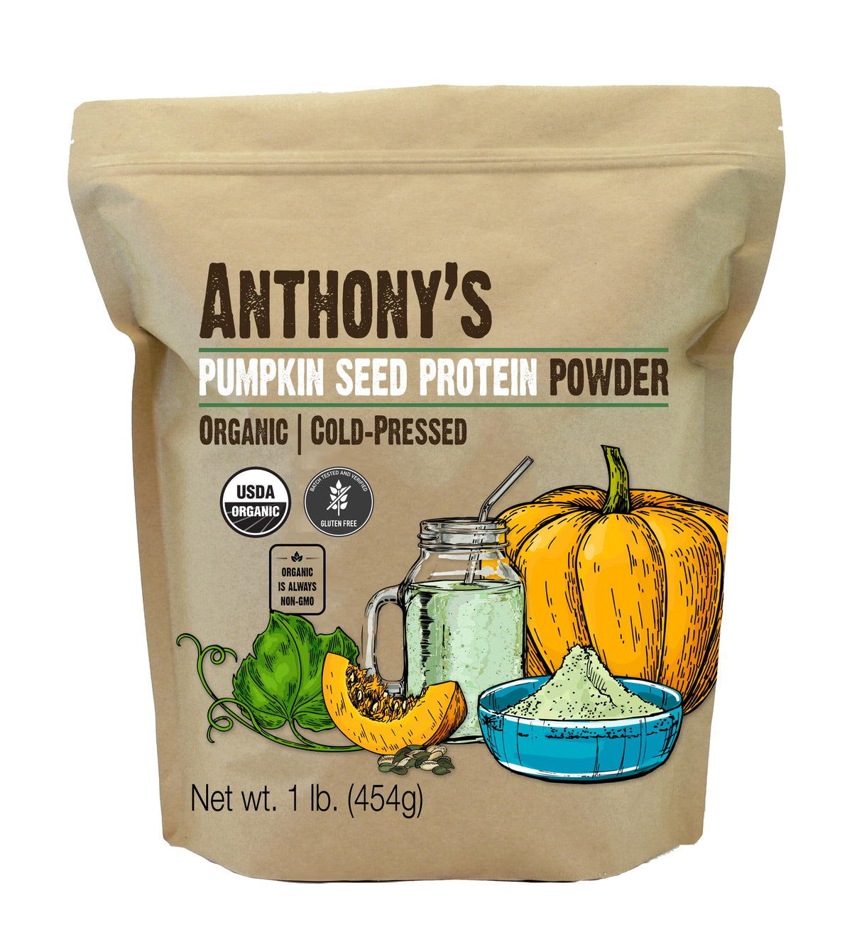 Anthony's Organic Pumpkin Seed Protein Powder bottle shows a clean plant-based protein option for smoothies
