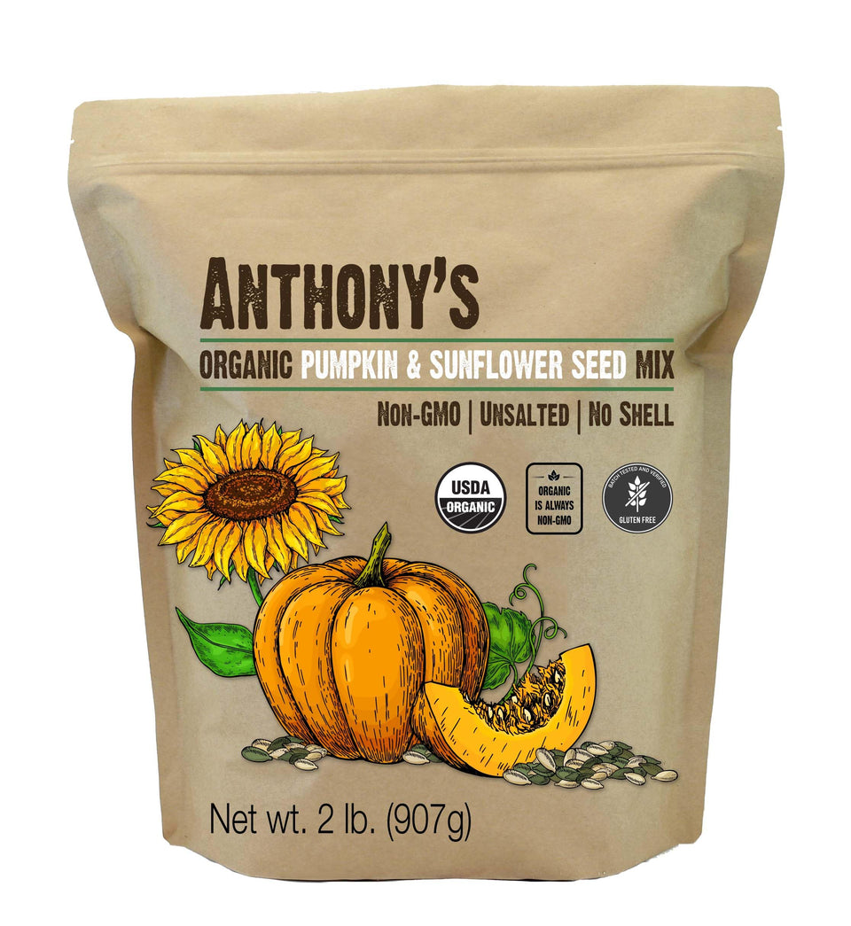 Anthony's Organic Pumpkin & Sunflower Seed Mix bottle showing organic seeds for wholesome snacking.