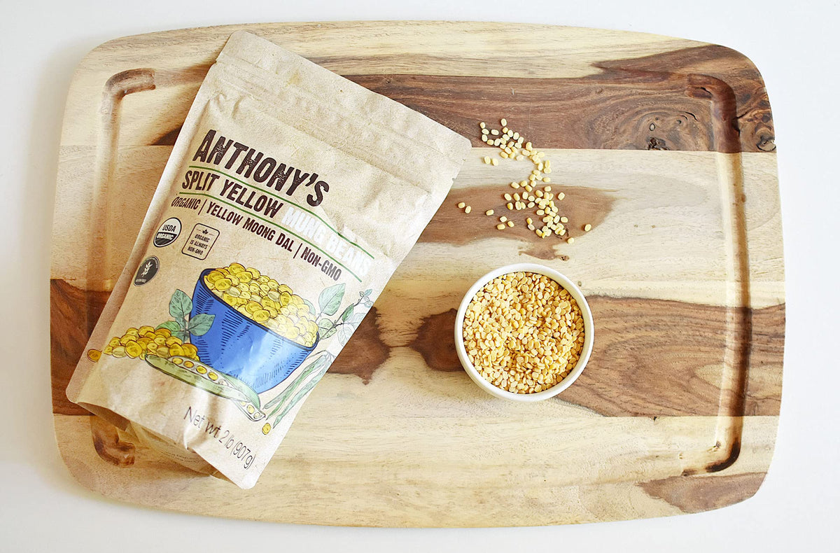 Anthony's Organic Split Yellow Mung Beans ready to serve in a fragrant dal bowl.