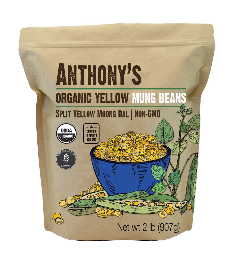 Anthony's Organic Split Yellow Mung Beans package front, versatile pantry staple for soups and curries.