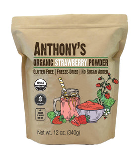 Anthony's Organic Strawberry Powder jar front; gluten-free, non-GMO product.