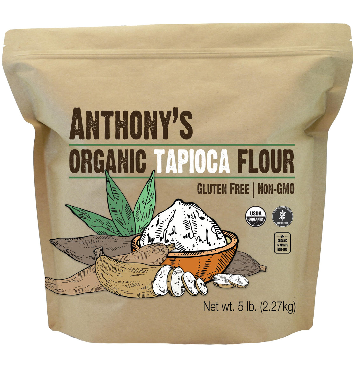 Anthony's Organic Tapioca Flour Starch label on 5lb bag