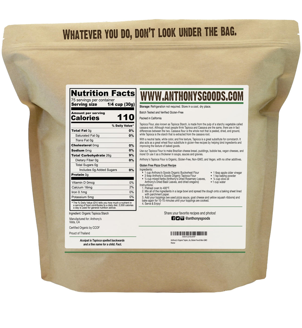 Anthony's Organic Tapioca Flour Starch powder close-up showing fine texture