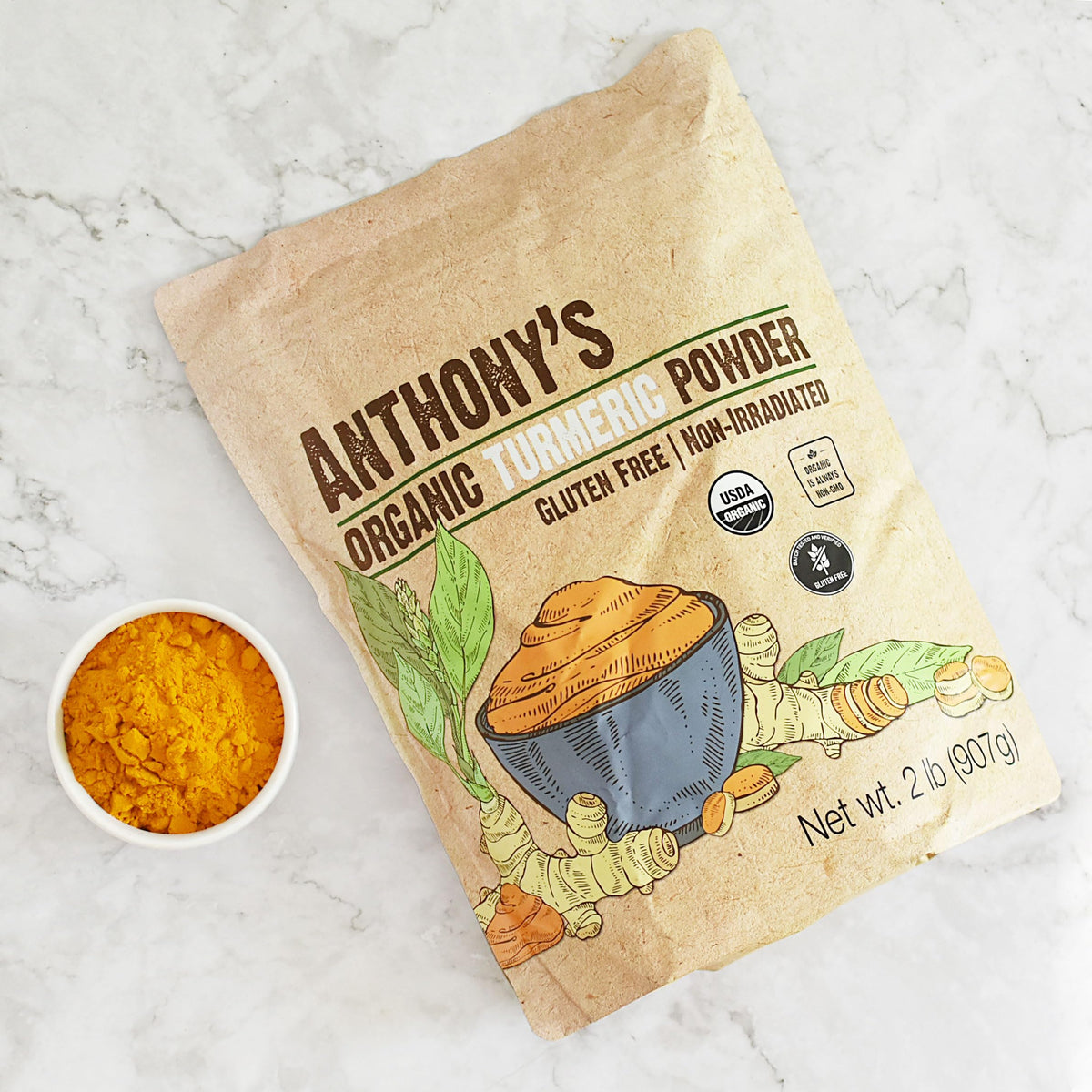 Anthony's Organic turmeric powder label closeup confirms organic gluten-free and non GMO credentials