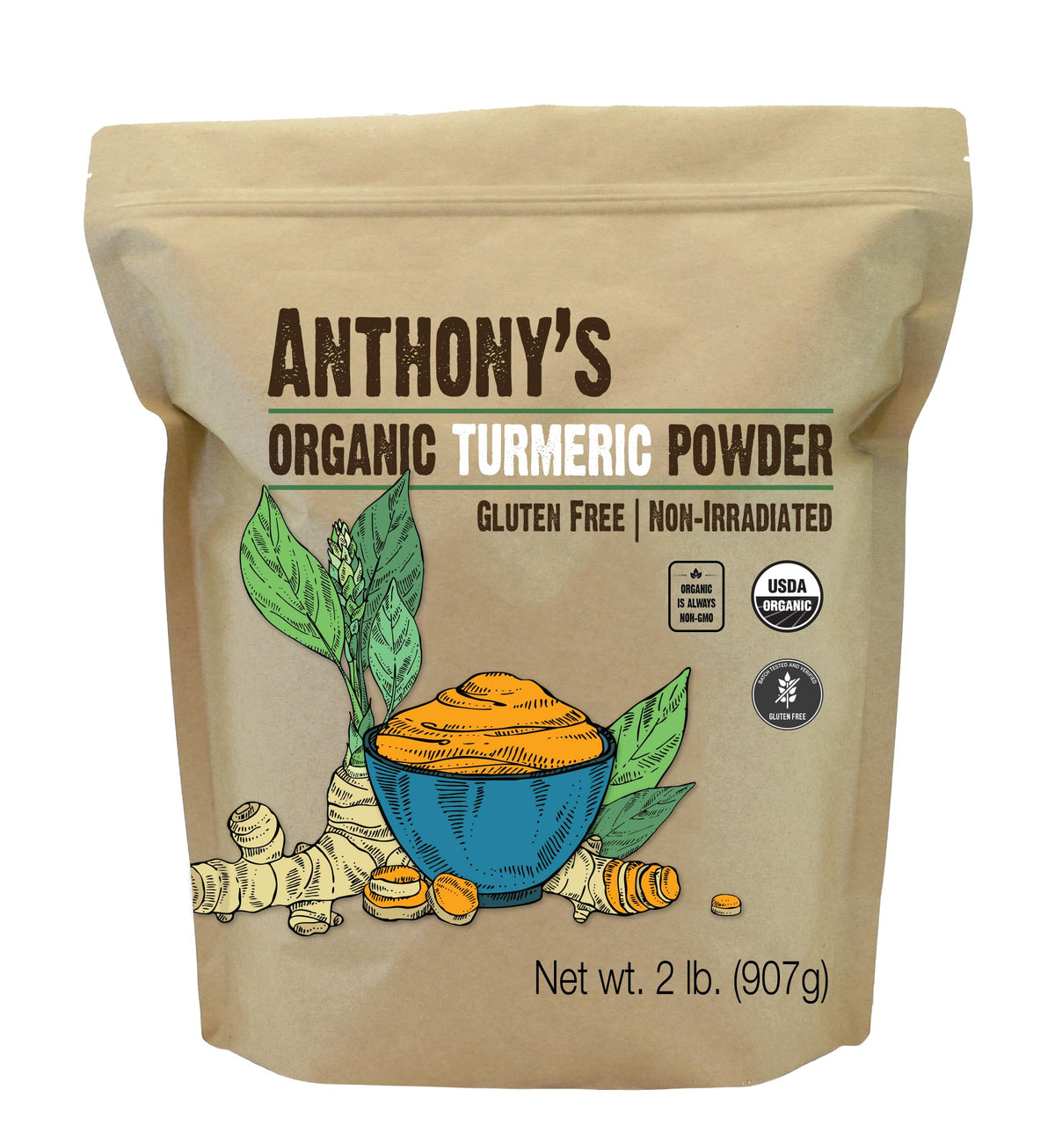 Anthony's Organic Turmeric Root Powder 2lb pack showing premium organic spice for vibrant meals