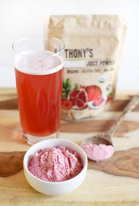 Texture closeup of Anthony's freeze-dried pomegranate powder.