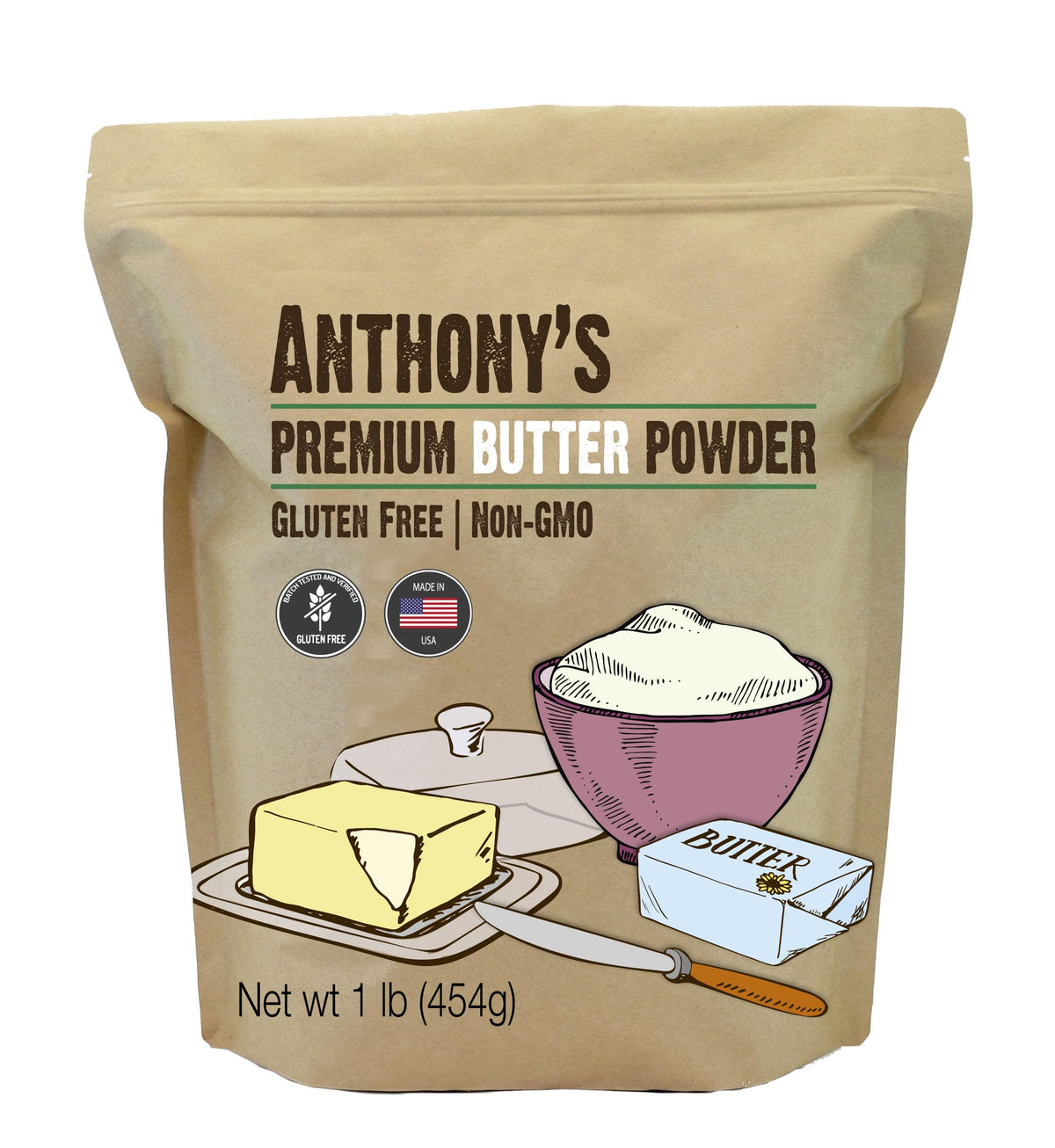 Anthony's Premium Butter Powder 1lb packaging showcases convenient, shelf-stable butter substitute.