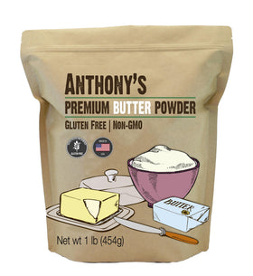 Anthony's Premium Butter Powder 1lb packaging showcases convenient, shelf-stable butter substitute.