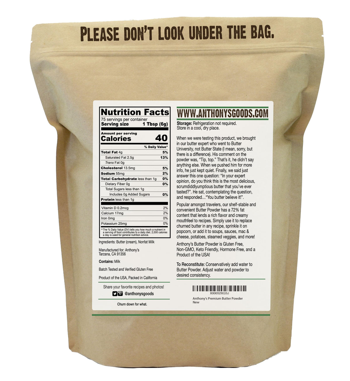 Anthony's Premium Butter Powder highlights 72% fat content for rich flavor.