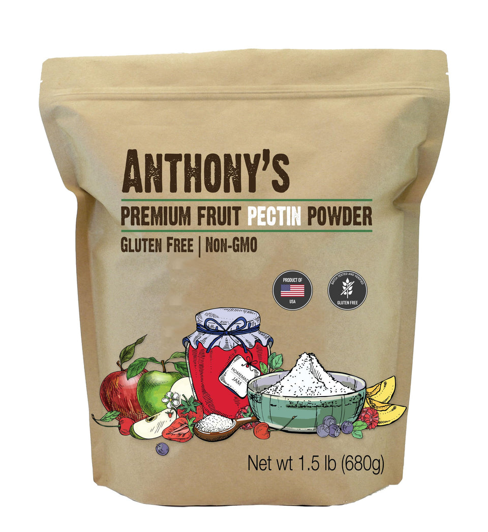 Anthony's Premium Fruit Pectin bag on kitchen counter for thick jams.