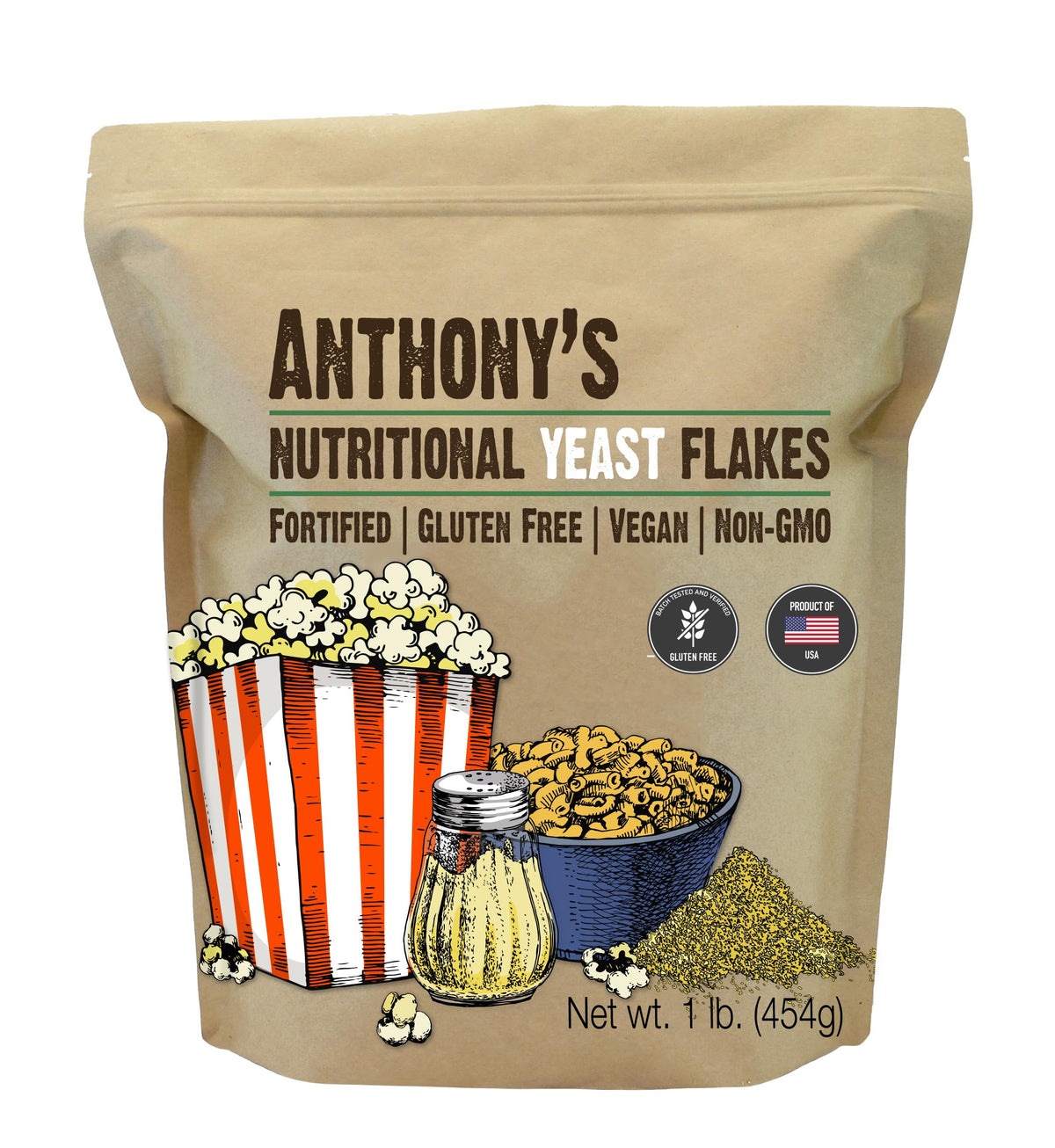 Anthony's Premium Nutritional Yeast Flakes bag front, fortified and gluten-free.