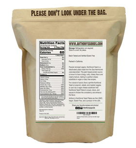 Anthony's Premium Yeast Flakes bottle label close-up, fortified with B vitamins.