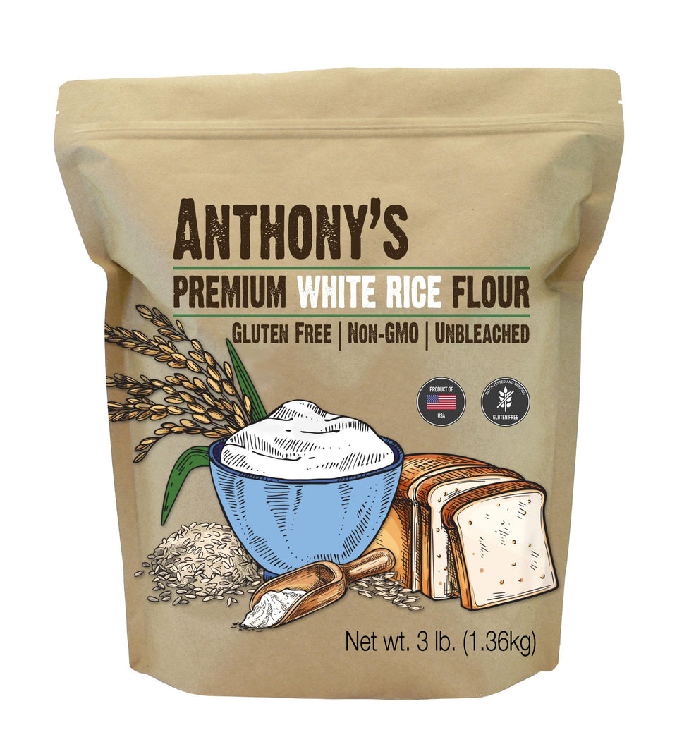 Anthony's Premium White Rice Flour bag for gluten-free baking and versatile cooking.
