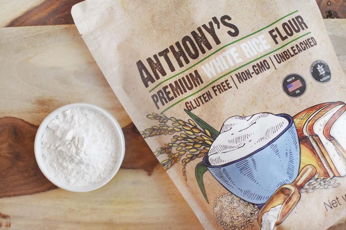 Anthony's Premium White Rice Flour fine powder ideal for delicate gluten-free baked goods.
