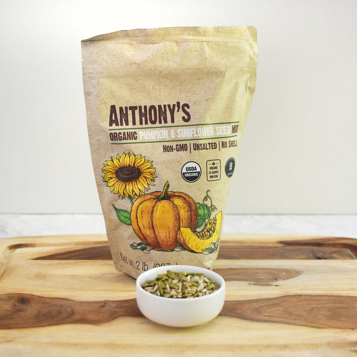2 lb Anthony's seed mix bag on a kitchen counter for easy snacking.