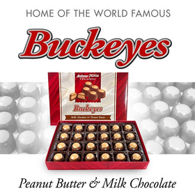 Anthony Thomas Buckeyes milk chocolate coating on glossy shell.