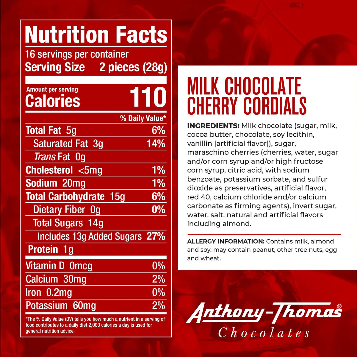 Closeup of glossy milk chocolate coating with cherry center from Anthony Thomas.