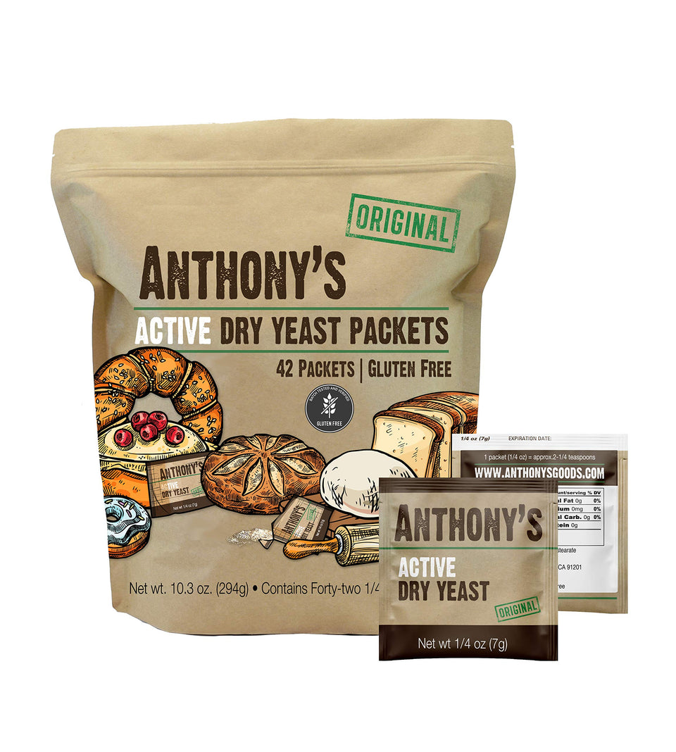Anthony's active dry yeast packets in a box, perfect for bread baking.