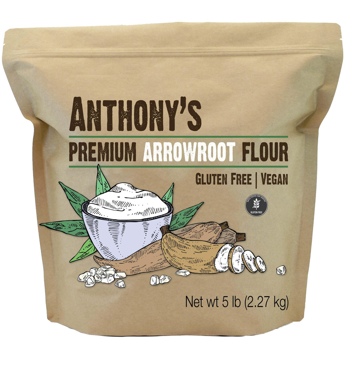 Anthony's Arrowroot flour bag label visible, signaling a gluten-free option for baking.