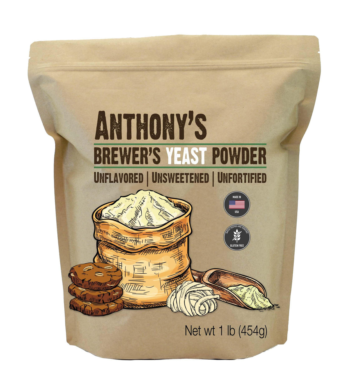 Anthony's Brewer's Yeast Powder bottle shows 1 lb, gluten-free quality for versatile use.