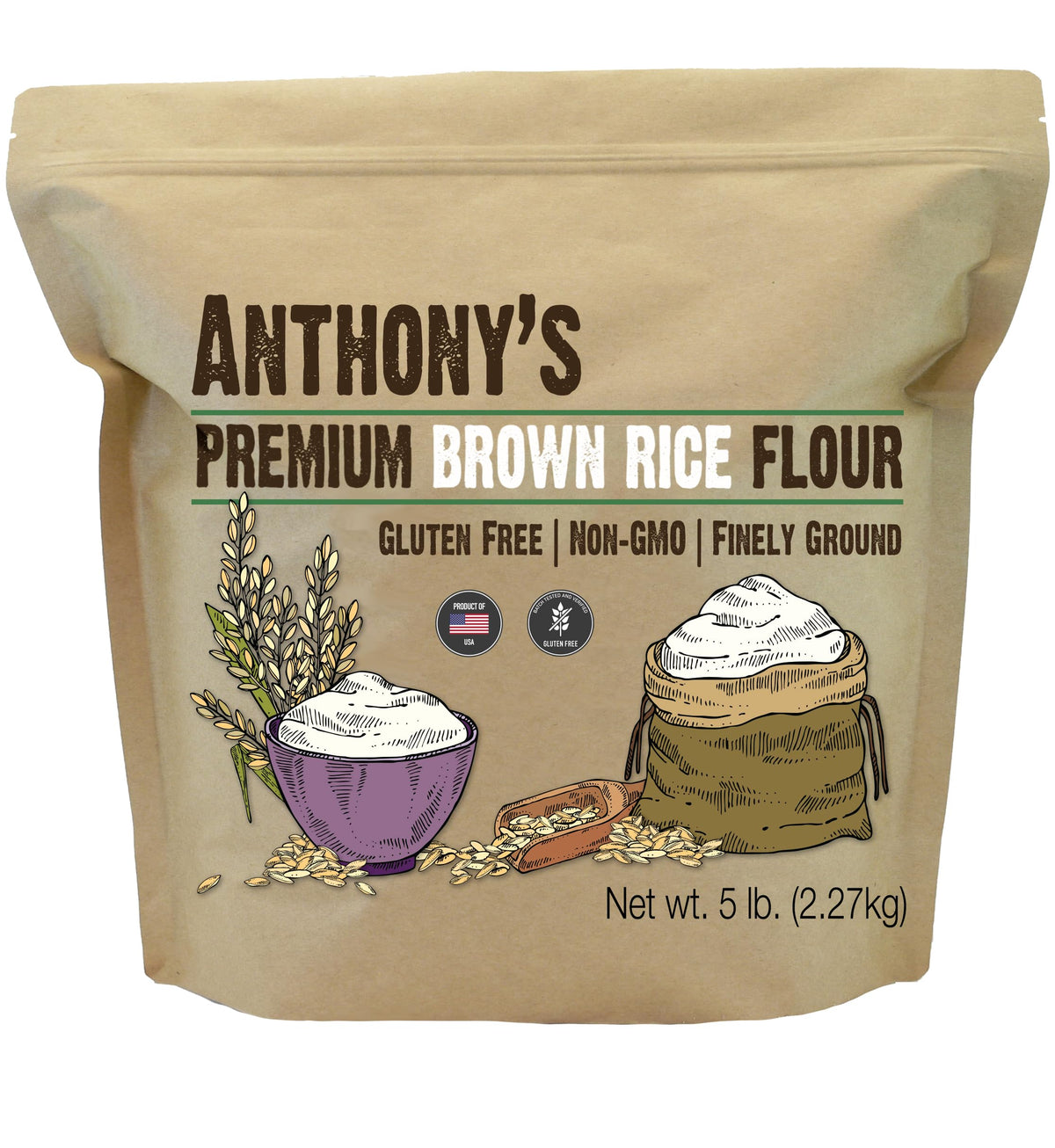 Anthony's Brown Rice Flour bag on the counter, ideal gluten free baking base.