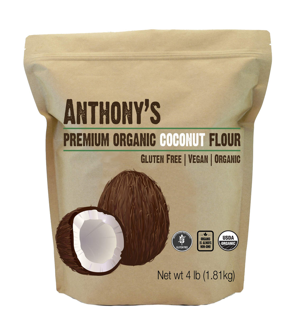 Anthony's coconut flour 4lb bag on kitchen counter for gluten-free baking