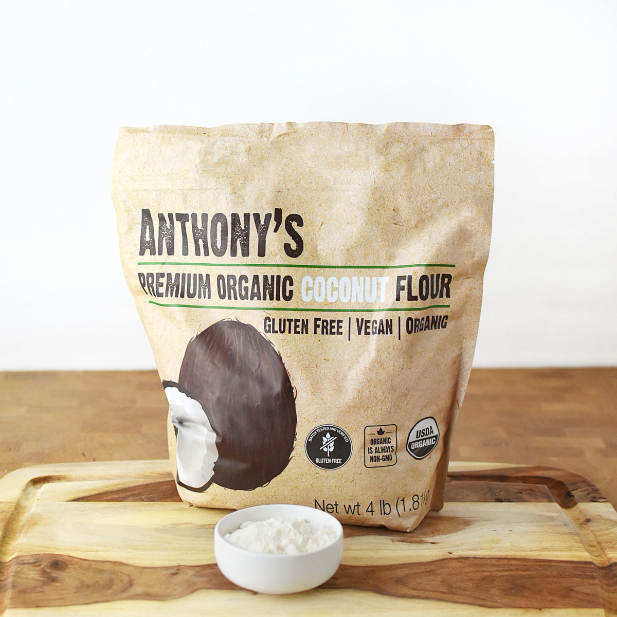 Anthony's coconut flour ingredients label highlighting gluten-free and organic claims